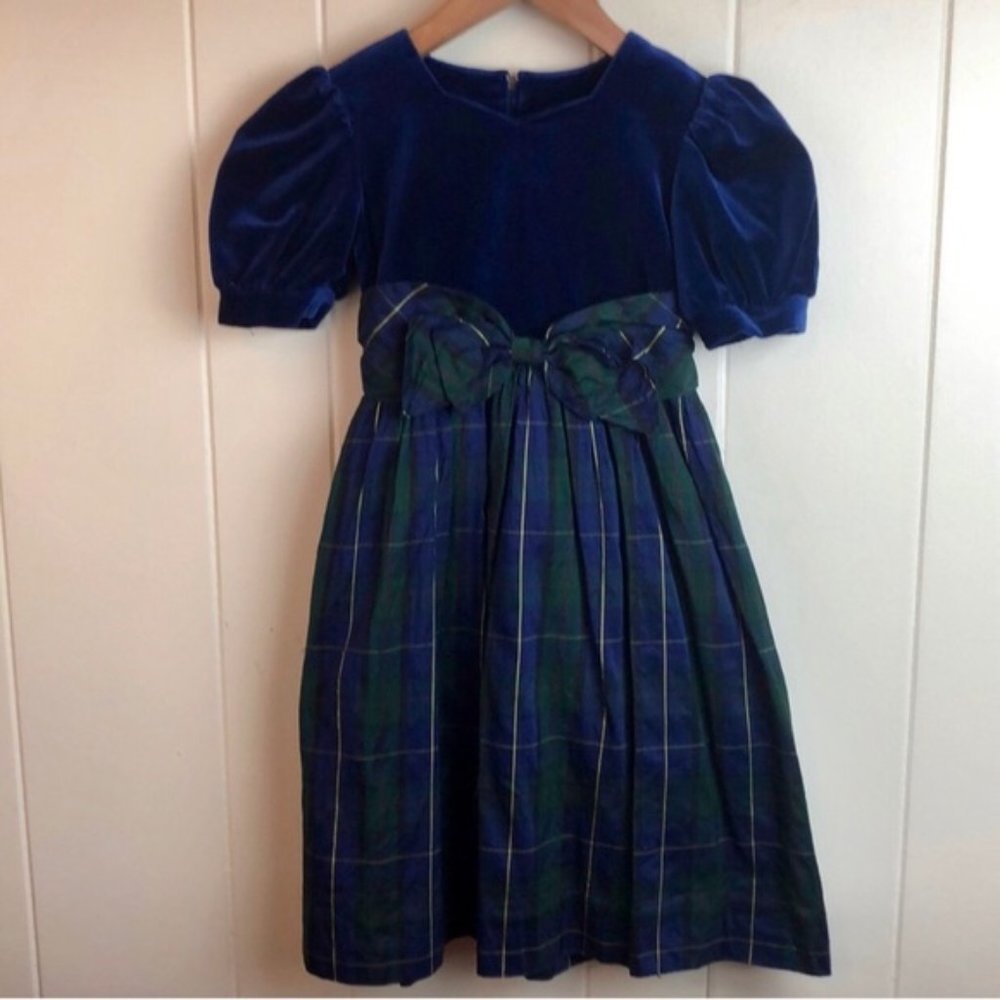 Vintage 80s Blue Girls Velvet Silk Party Dress - Picture 2 of 6